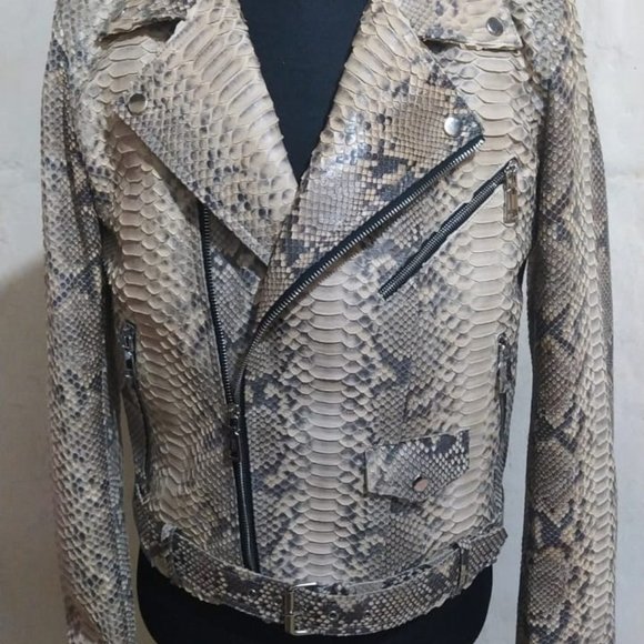Gray Snakeskin Leather Motorcycle Jacket - Picture 5 of 7
